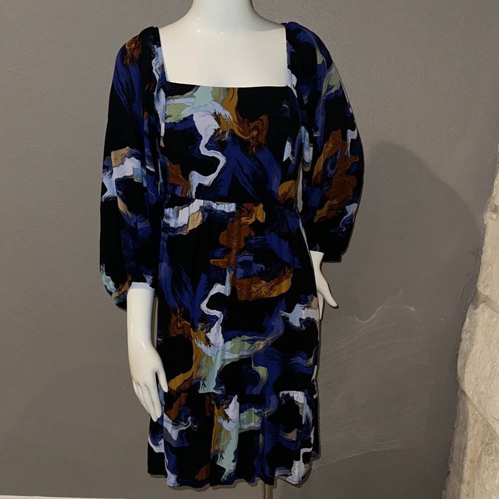 Nine West Abstract Long Sleeve Dress in Blue, Brown, and Black